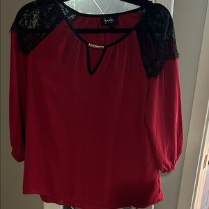 by & by Red Blouse with Black Lace Accents